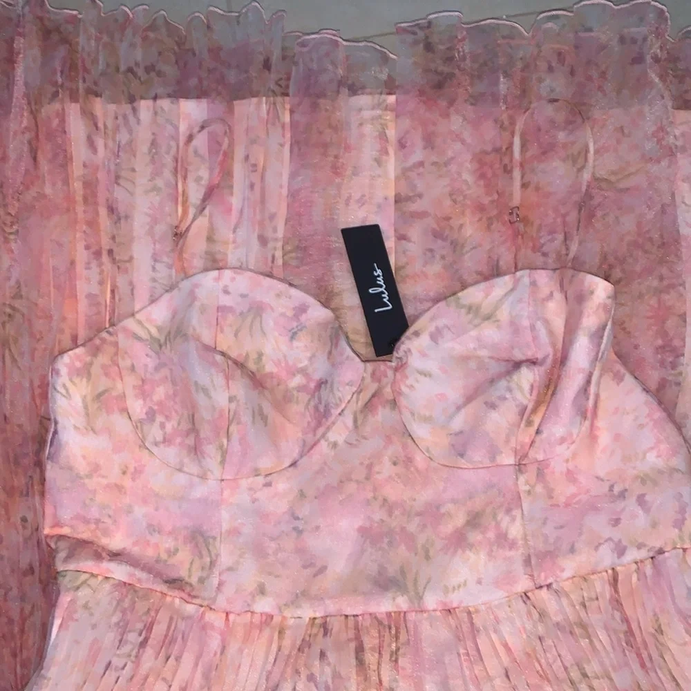 NWT Finest Endeavor Blush Pink Floral Dress Pleated Bustier Midi Dress - Picture 4 of 5